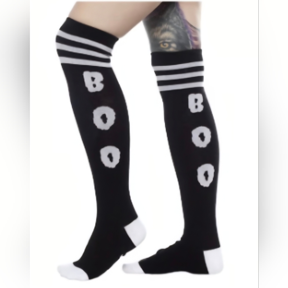 Sourpuss Black and White 'BOO' Knee High Halloween Socks